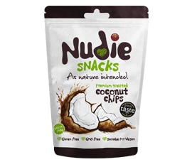 Nudie Snacks Coconut Chips. 100% natural premium toasted coconut chips by Loco Brands.